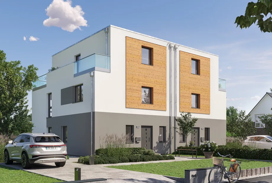 Doppelhaus/Doppelhaushälfte Bauhausstil Staffelgeschoss als Fertighaus