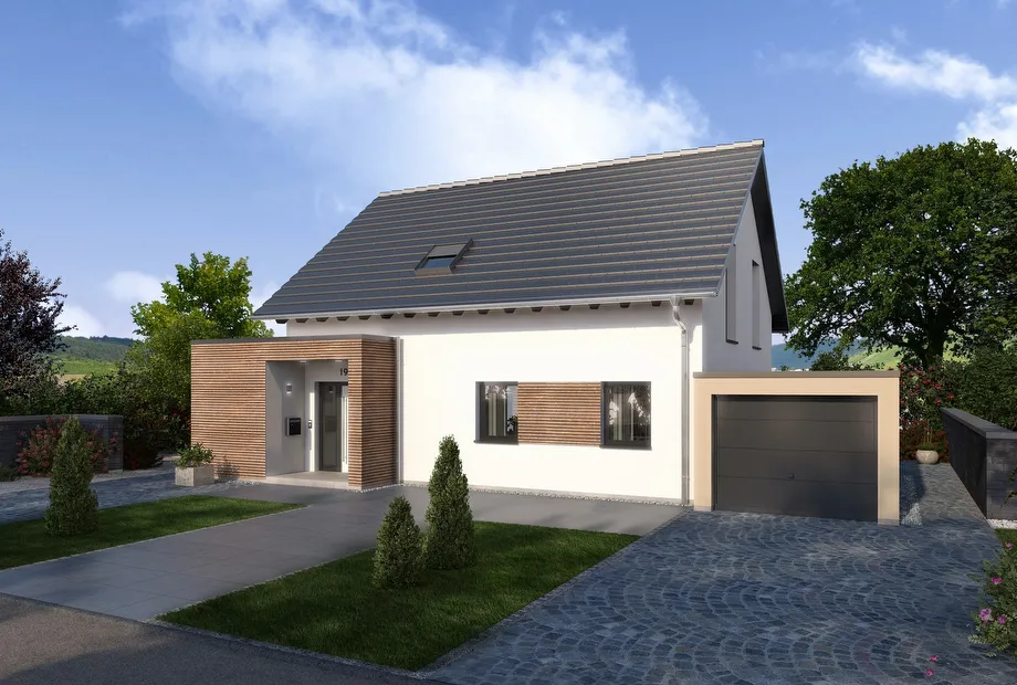 Einfamilienhaus mit Holzfassade und umbautem Hauseingang - Frontansicht