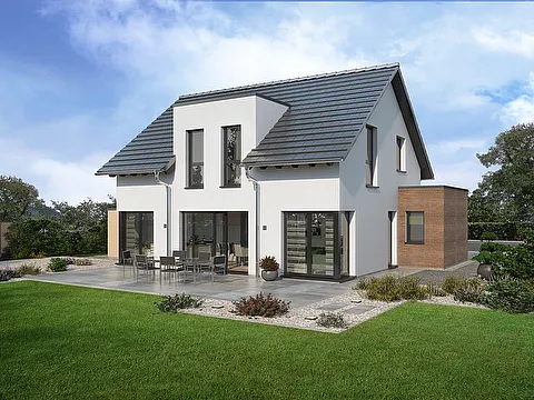Einfamilienhaus mit Holzfassade - Gartenansicht