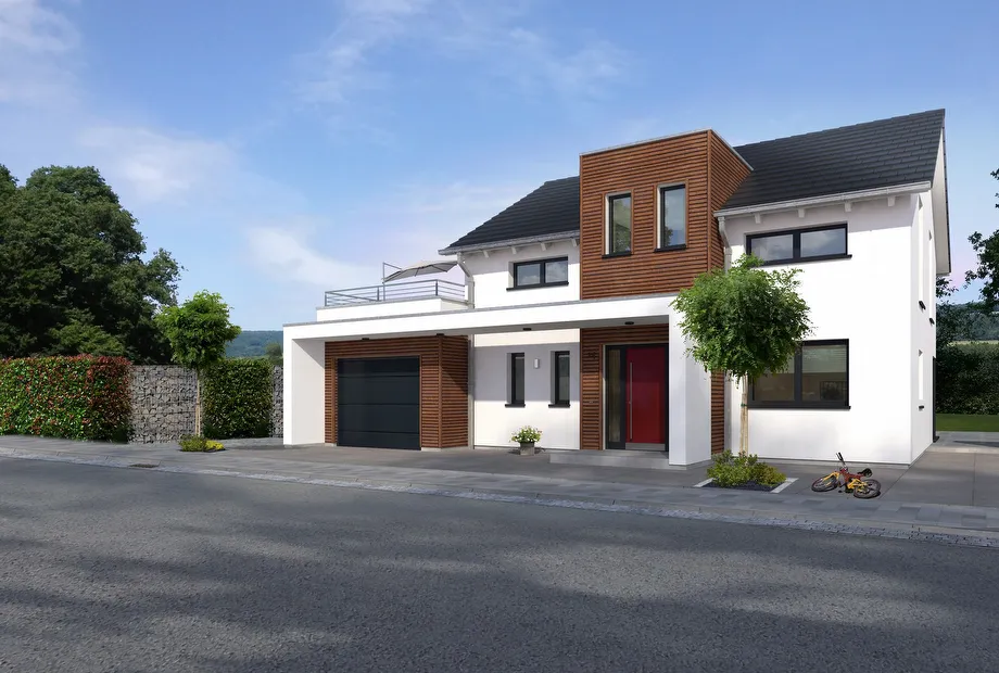 Modernes Einfamilienhaus mit Holzfassade - Frontansicht
