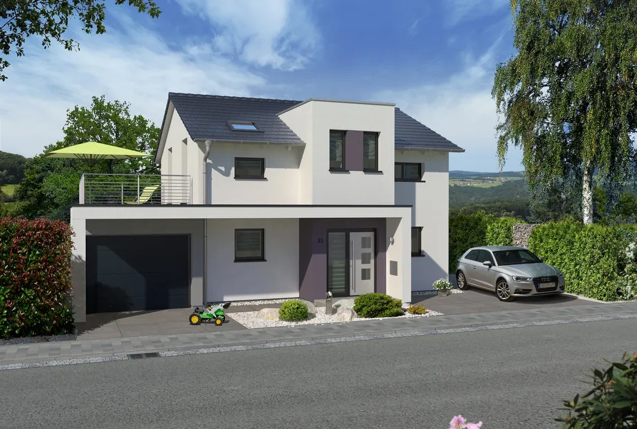 Modernes Einfamilienhaus mit Garten und Balkon - Frontansicht