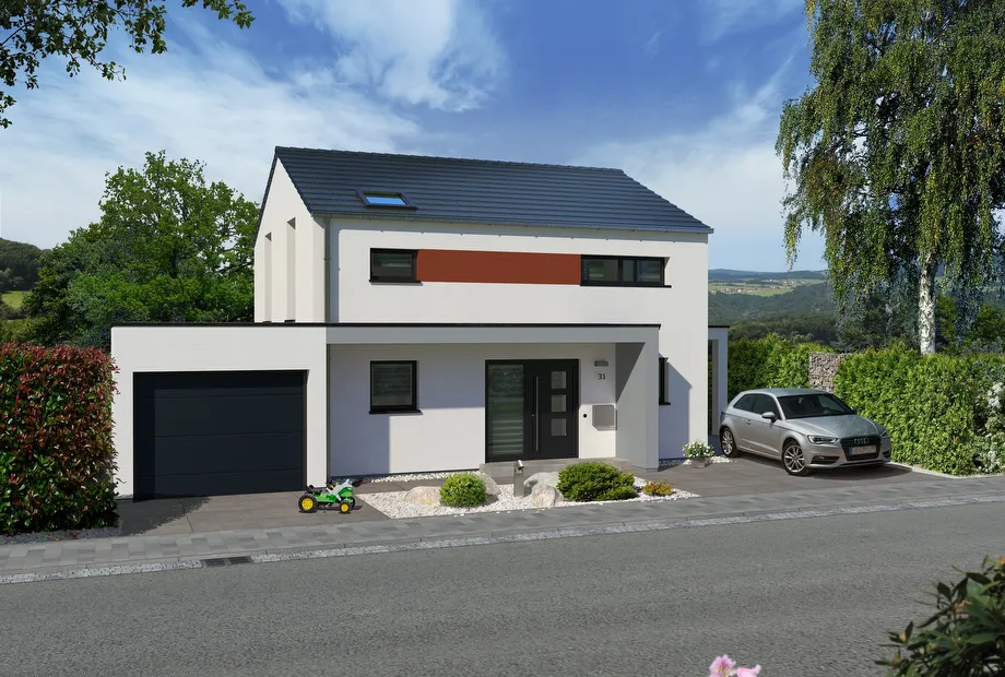 Einfamilienhaus mit Haustürüberdachung und Garage - Frontansicht