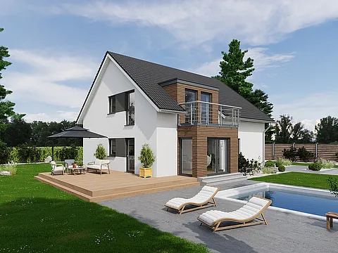 Fertighaus Einfamilienhaus mit Satteldach, heller Fassade und Terrasse im Garten