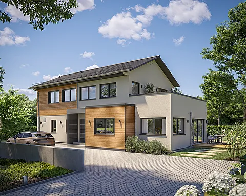 Schönes Haus mit Holzverkleidung, Erker und Dachterrasse Außenansicht