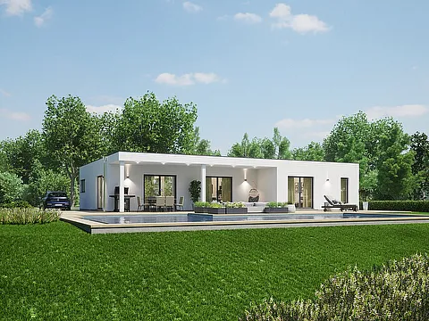 Fertighaus Bungalow mit Flachdach, weißer Putzfassade, umlaufender Terrasse und weitläufigem Garten
