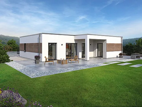 Fertighaus Bungalow moderne Außenansicht mit Flachdach, weißer Putzfassade, horizontalen Holzlamellen und Gartenfläche