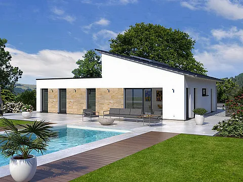 Fertighaus Bungalow moderne Außenansicht mit Pultdach, Holzfassade, großen Fenstern und Pool im Garten