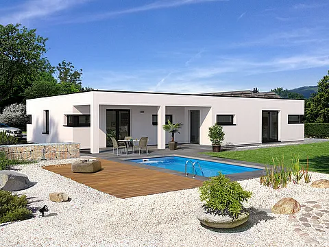 Fertighaus Bungalow mit Flachdach, weißer Putzfassade, Terrasse und Poolanlage im Garten