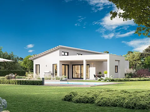 Fertighaus Bungalow mit flachem Pultdach, großer Terrasse, Pool, bodentiefen Fenstern im Garten
