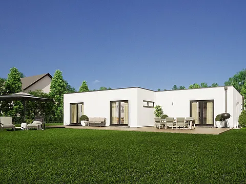 Fertighaus Bungalow moderne Flachdacharchitektur mit großen Fensterflächen, Terrasse und weitläufigem Garten, Außenansicht
