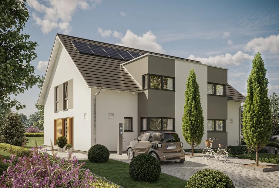 Modernes Doppelhaus mit Erker und Zwerchgiebel Frontansicht