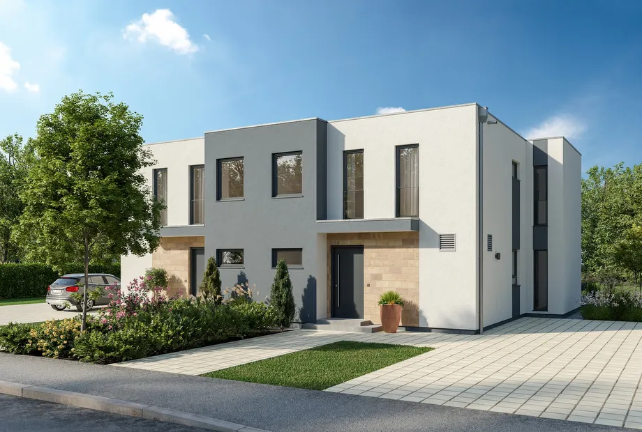 modernes Doppelhaus mit Gebäudeversatz und Flachdach