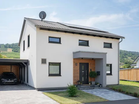 Fertighaus Einfamilienhaus mit weißer Fassade, Satteldach, Holzdetails am Eingang und Doppelcarport in Weinberglandschaft