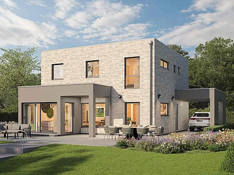 Stadthaus als Kubushaus Klinker Gartenansicht