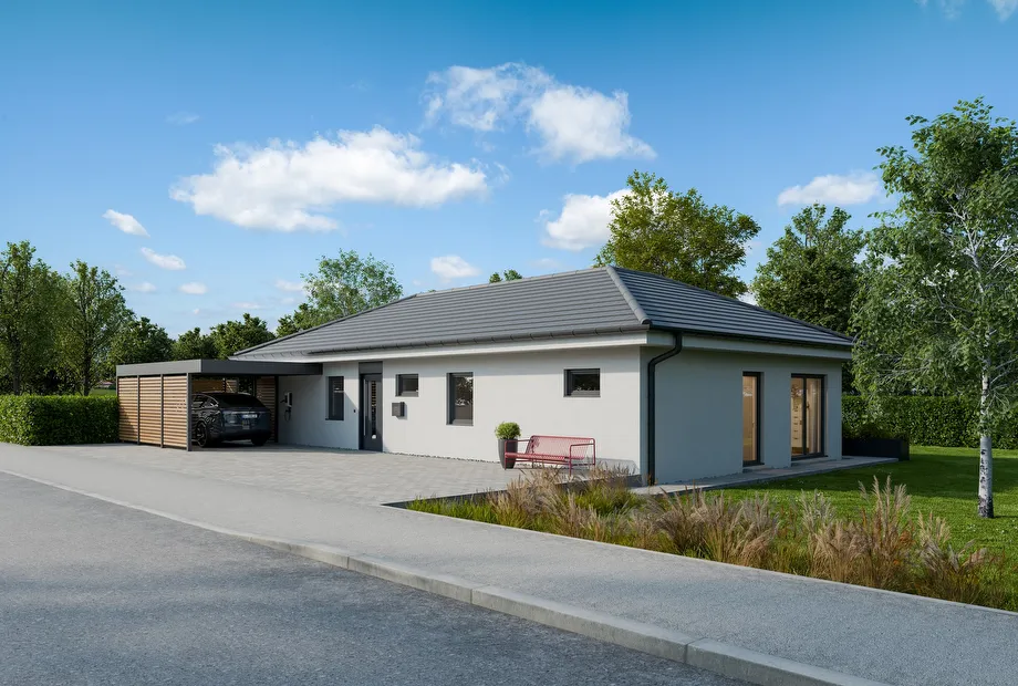 Eleganter Winkelbungalow als Fertighaus - Frontansicht