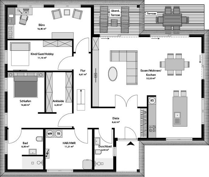 Grundriss Winkelbungalow mit 140 qm