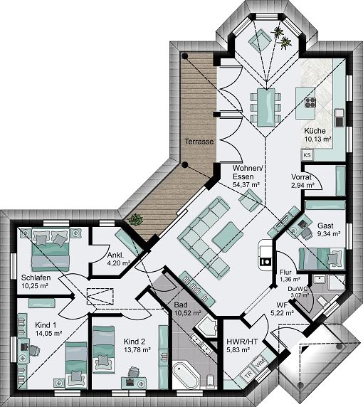 Grundriss mediterraner Bungalow, 141 qm