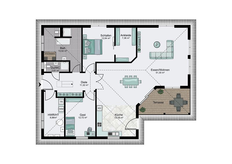 Grundriss Winkelbungalow mit Walmdach 134 qm