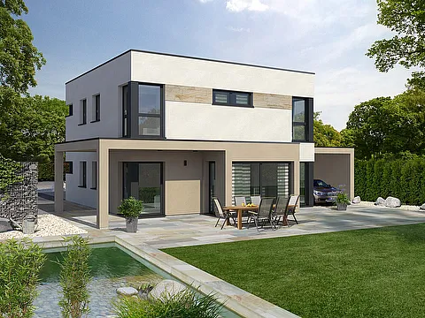 Flachdachvilla als Fertighaus mit Carport und Erker