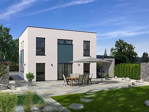 Stadtvilla mit Flachdach - Haustürüberdachung mit Carport - Garten