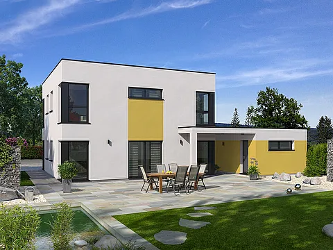 Stadtvilla mit Flachdach, überdachtem Eingang und Garage