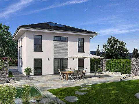 Puristische Stadtvilla mit kompaktem Grundriss - Gartenansicht