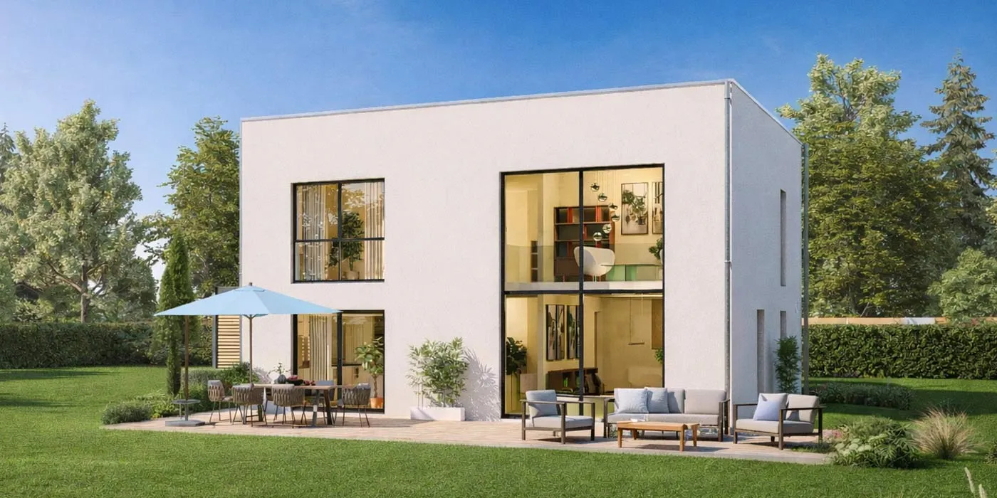 Exklusive STREIF-Villa 01, Flachdach, 2-geschossiges Panoramafenster, 190 qm