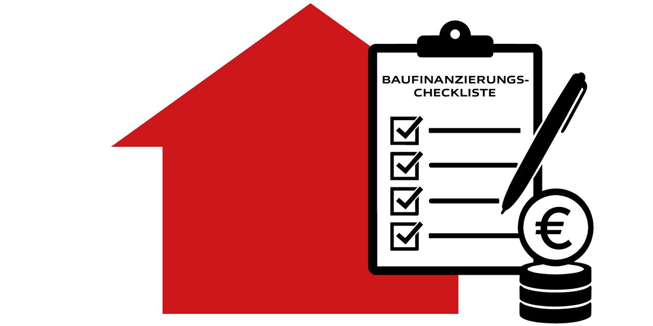 Ein rotes Hauslogo mit einer Checkliste, einem Stift und Geldsymbol