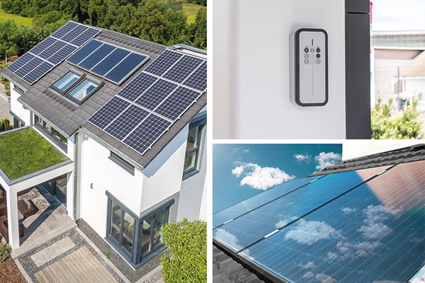 Fertighaus mit PV-Anlage auf dem Dach und Detailansichten moderner Solartechnik