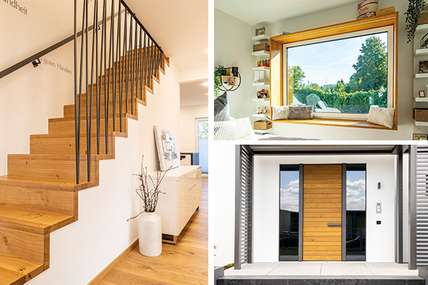 STREIF Innenraum mit Holztreppe, Fensterbank-Sitzplatz und moderner Haustür