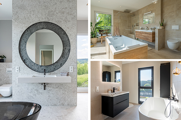 STREIF Innenraum Wellnessbad mit runden Spiegeln, Badewanne und moderner Fliesenoptik