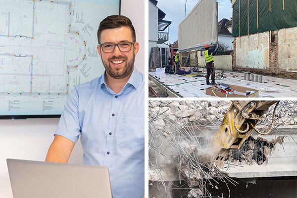 STREIF Baustelle mit Mitarbeiter, Hausmontage und Abrissarbeiten durch einen Bagger