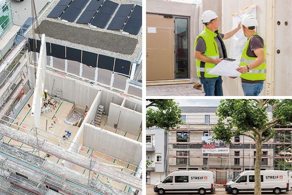 STREIF Baustelle mit Gebäudeanbau, Bauleitung im Rohbau und eingerüstetem Bestandsgebäude
