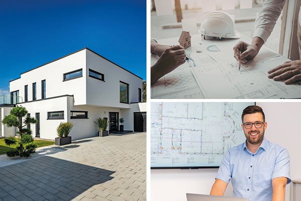 Fertighaus Stadtvilla mit Flachdach, Architektenplanung und STREIF Mitarbeiter vor Bauplänen