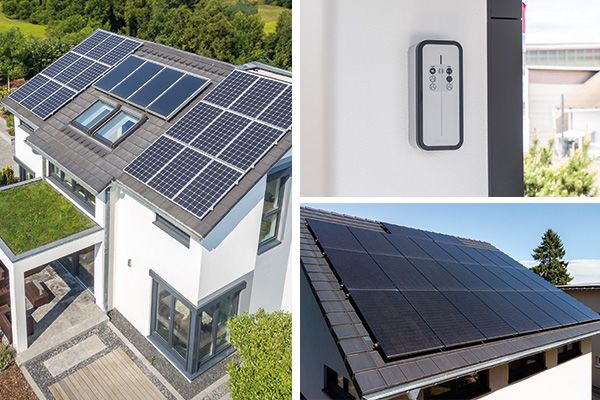 STREIF Produkt Photovoltaikanlage auf Fertighausdächern mit Solarmodulen und wandmontierter Steuerung