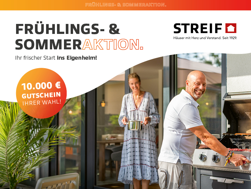 STREIF Situation Paar auf Terrasse mit Grill und Hinweis auf 10.000-Euro-Gutschein