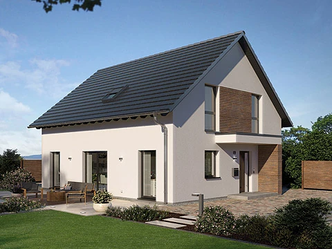 Auf dem Bild sieht man ein modernes, großzügiges Einfamilienhaus mit einer Teilholzverkleidung, einem Erkeranbau und einer Dachterrasse.