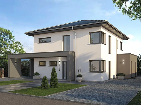 Im Bild zu sehen ist eine elegante Stadtvilla mit einem Walmdach, Übereckfenstern und mit einem Balkon, der die Terrasse zum Teil überdacht.
