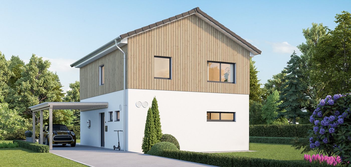 Fertighaus Einfamilienhaus mit Satteldach, weißem Putz, Holzfassade, rechteckigen Fenstern, Carport und Garten