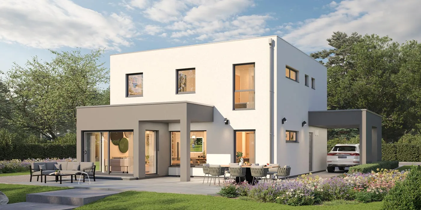 Fertighaus Stadtvilla kubischer Bau mit Flachdach, helle Klinkerfassade, große Fenster, Terrasse, Garten und Carport