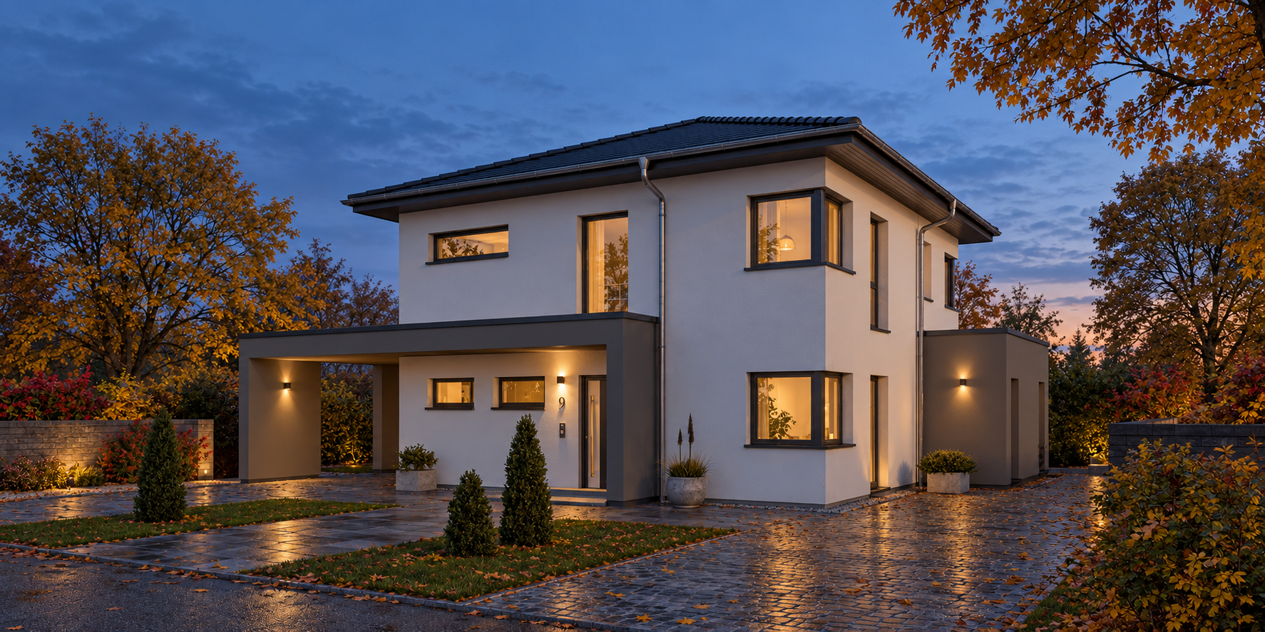 Stadtvilla im Herbstabend