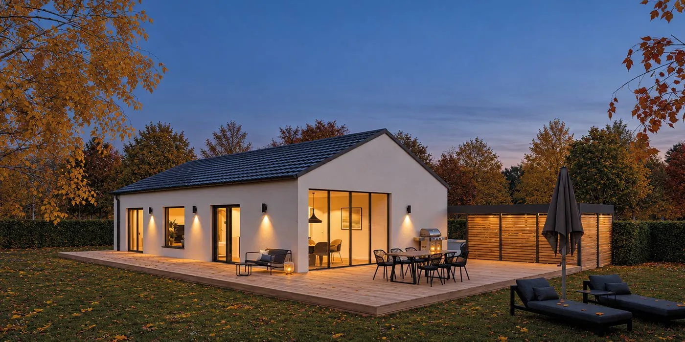 STREIF-Bungalow mit Satteldach in herbstlicher Abendstimmung.